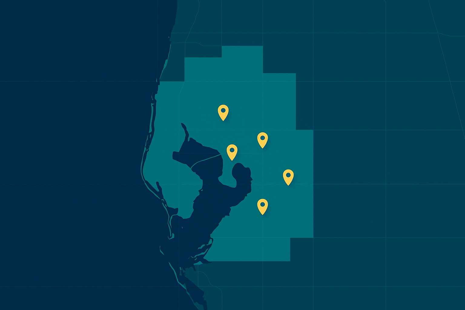 Service area map of CardetLLC covering Tampa Bay from Sarasota to Hudson and from Clearwater to Lakeland.