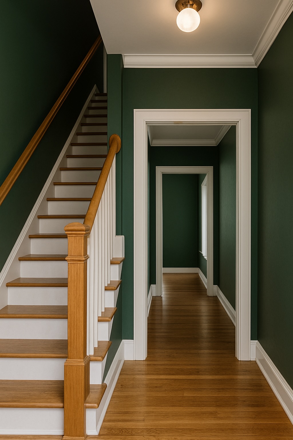 Interior Painting 8 Hallway painted in dark green with wooden stairs – interior painting in St. Petersburg