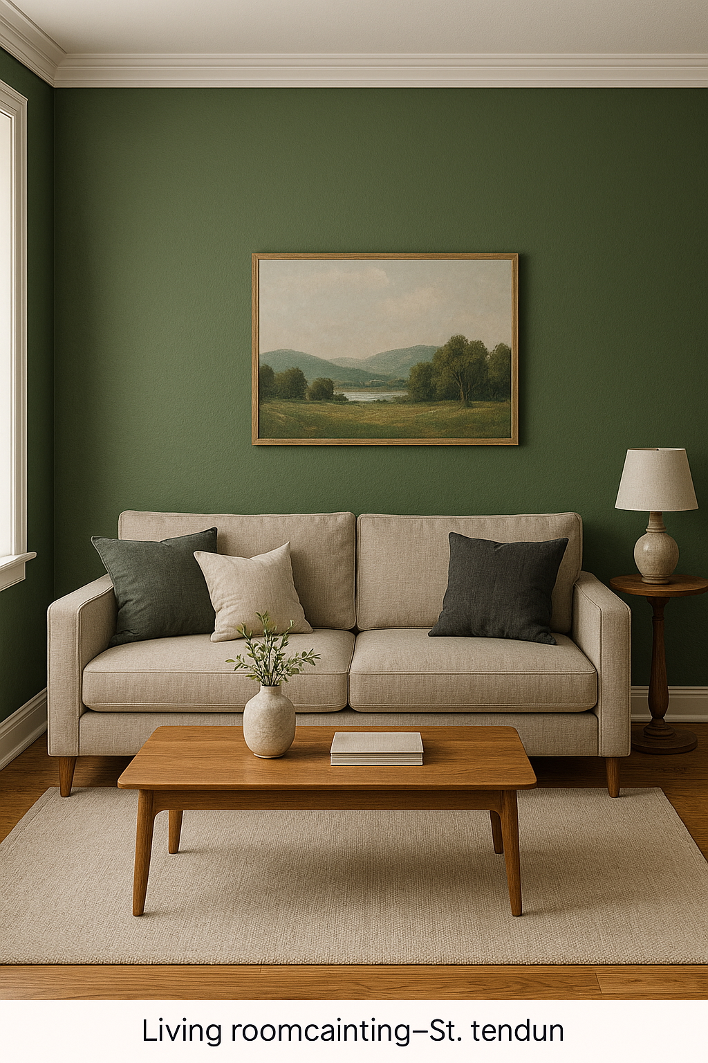 Interior Painting 9 Living room with olive green walls and framed landscape art – painting project in Hudson